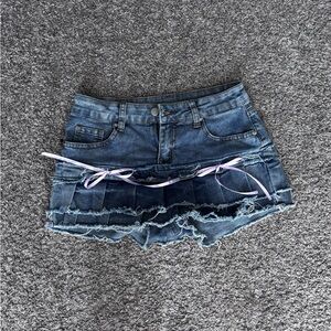 Denim Mini Skort with Frayed Hem